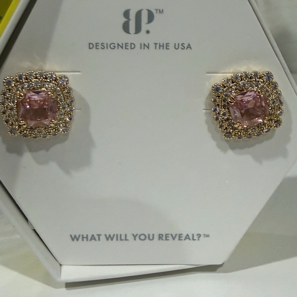 Pink Crystal Halo Stud Earrings in Gold Tone by jp